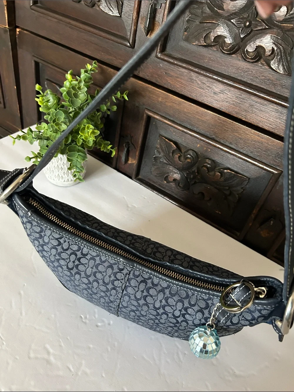 Beautiful Navy Signature Canvas Hobo with Leather Trim